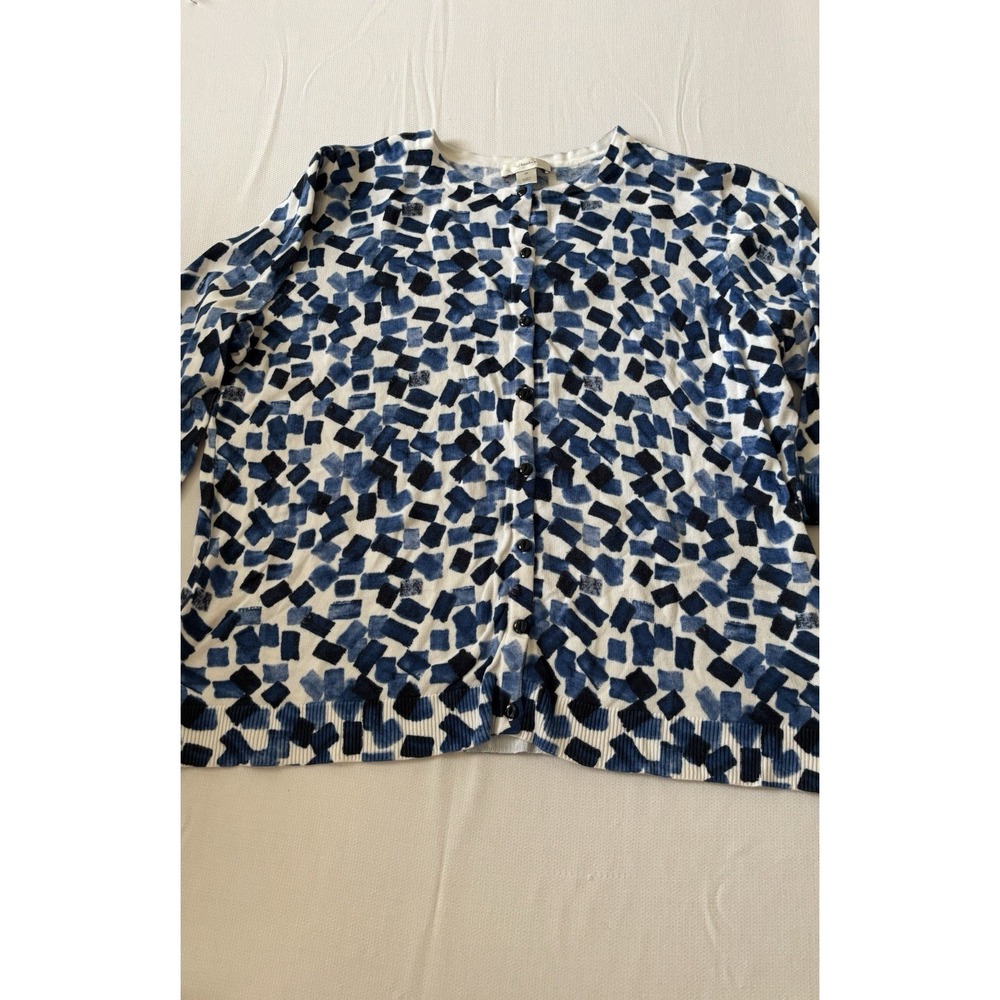 CJ Banks Womens Cardigan Sweater Blue & White Abstract Button Up Cottagecore